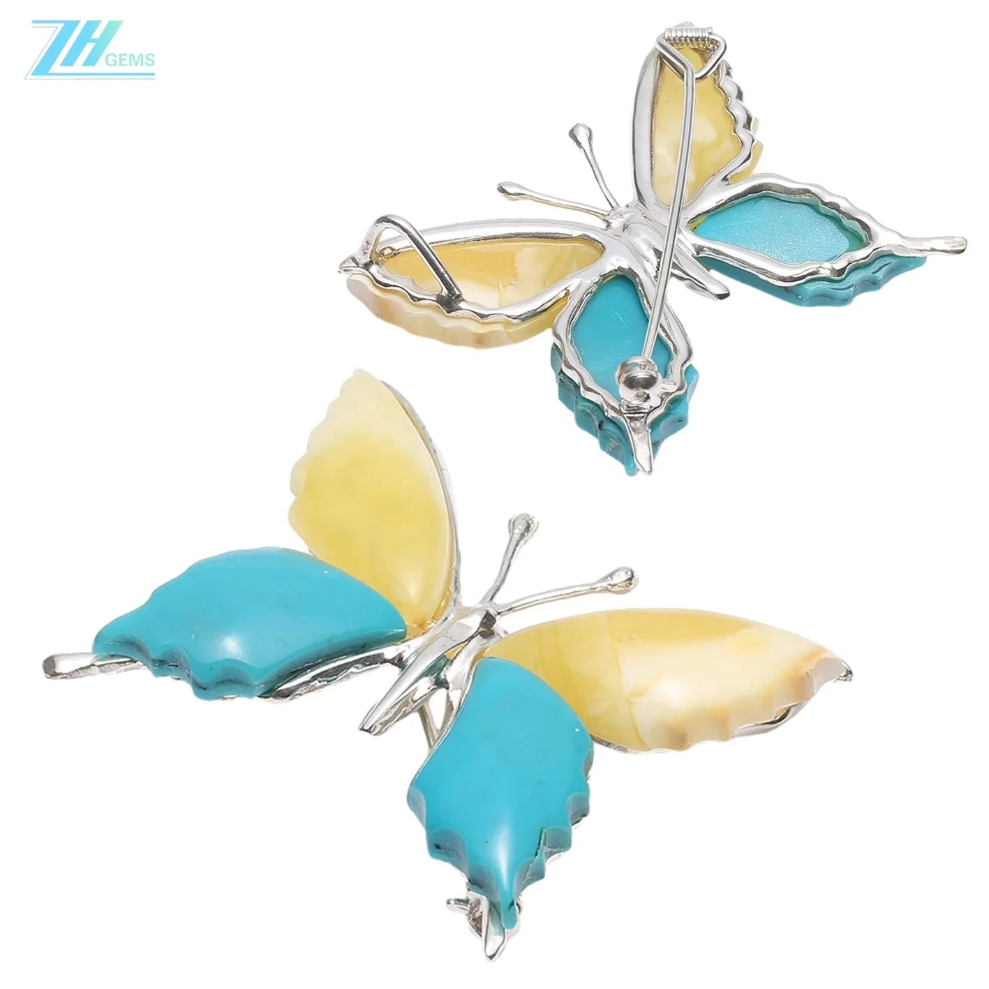 Natural Beeswax Natural Turquoise Butterfly Pendant Brooches Double Wear Large Amber Pendant With Butterfly