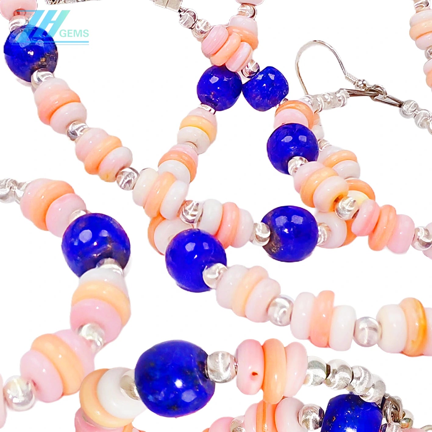 Jewelry Set Pink Opal And Natural Lapis Lazuli Three-piece Set Necklace Earrings Bracelet Beaded Jewelry S925 Silver Classic