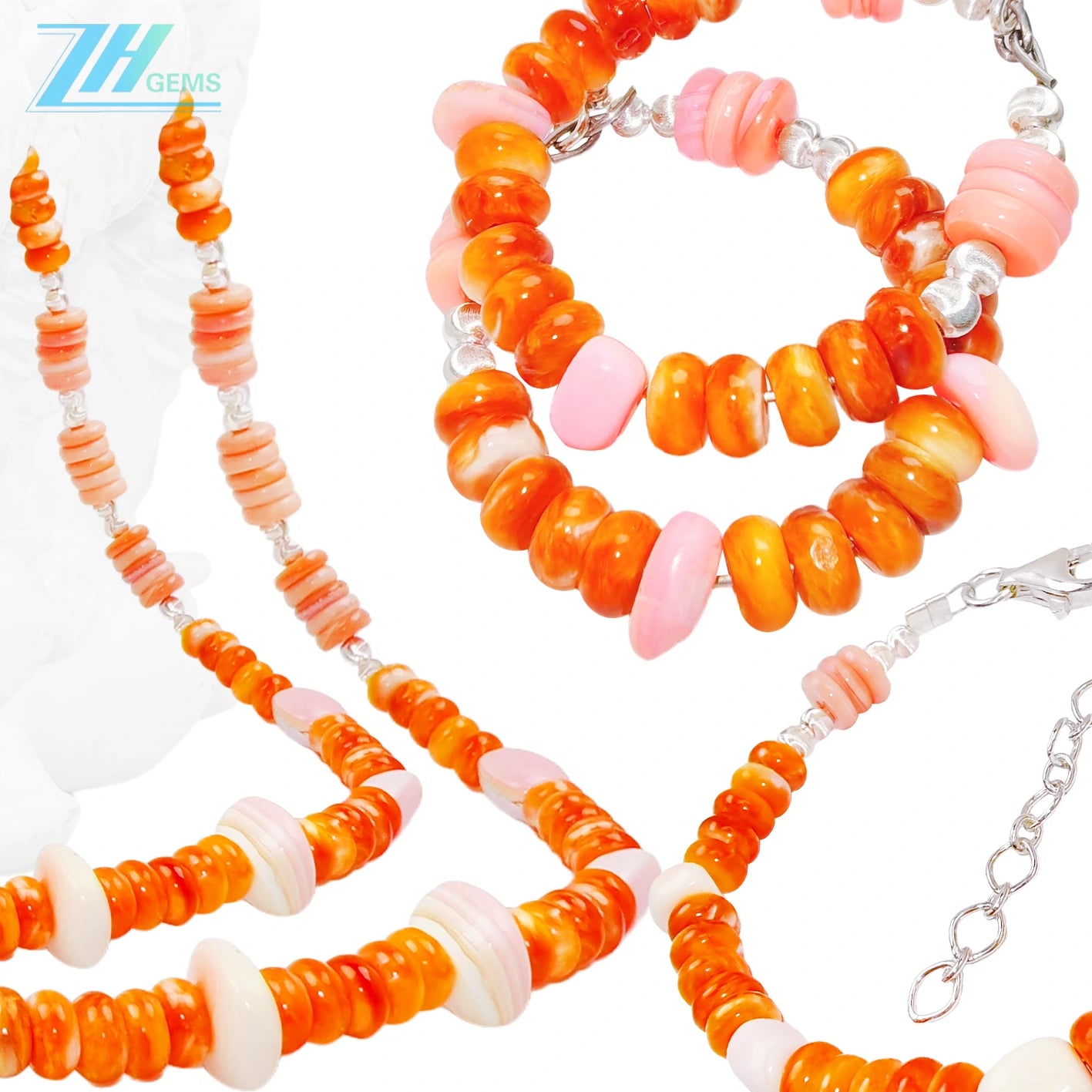 Here Comes The Charming Set! The Necklace Earrings And Bracelet Are All Made Of Orange Spiny Oyster And S925 Silver