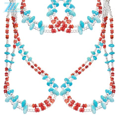 Natural Red Spiny Oyster & Turquoise Premium Women's Double Necklace With Delicate S925 Silver & Natural