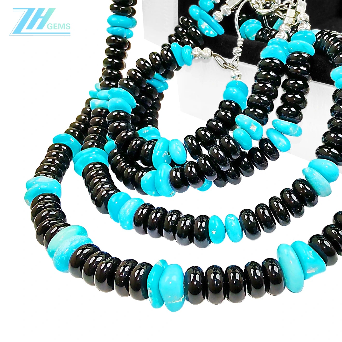 Obsidian S925 Silver Sterling Treatment Turquoise Create Set Double Design Unifies Style Comprehensively Fashionable Mysterious