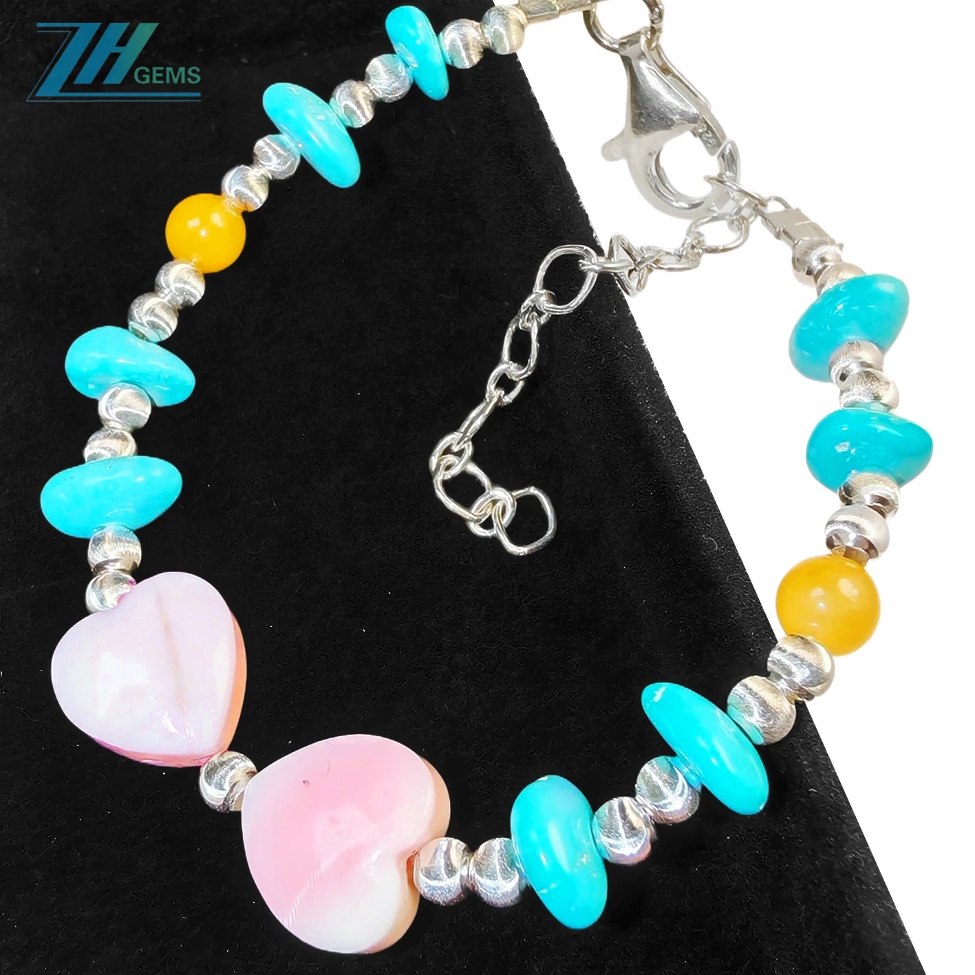 Made Of S925 Silver And Natural Turquoise This Bracelet Is Decorated With A Pink Opal Heart Shaped Pendant It's Delicate