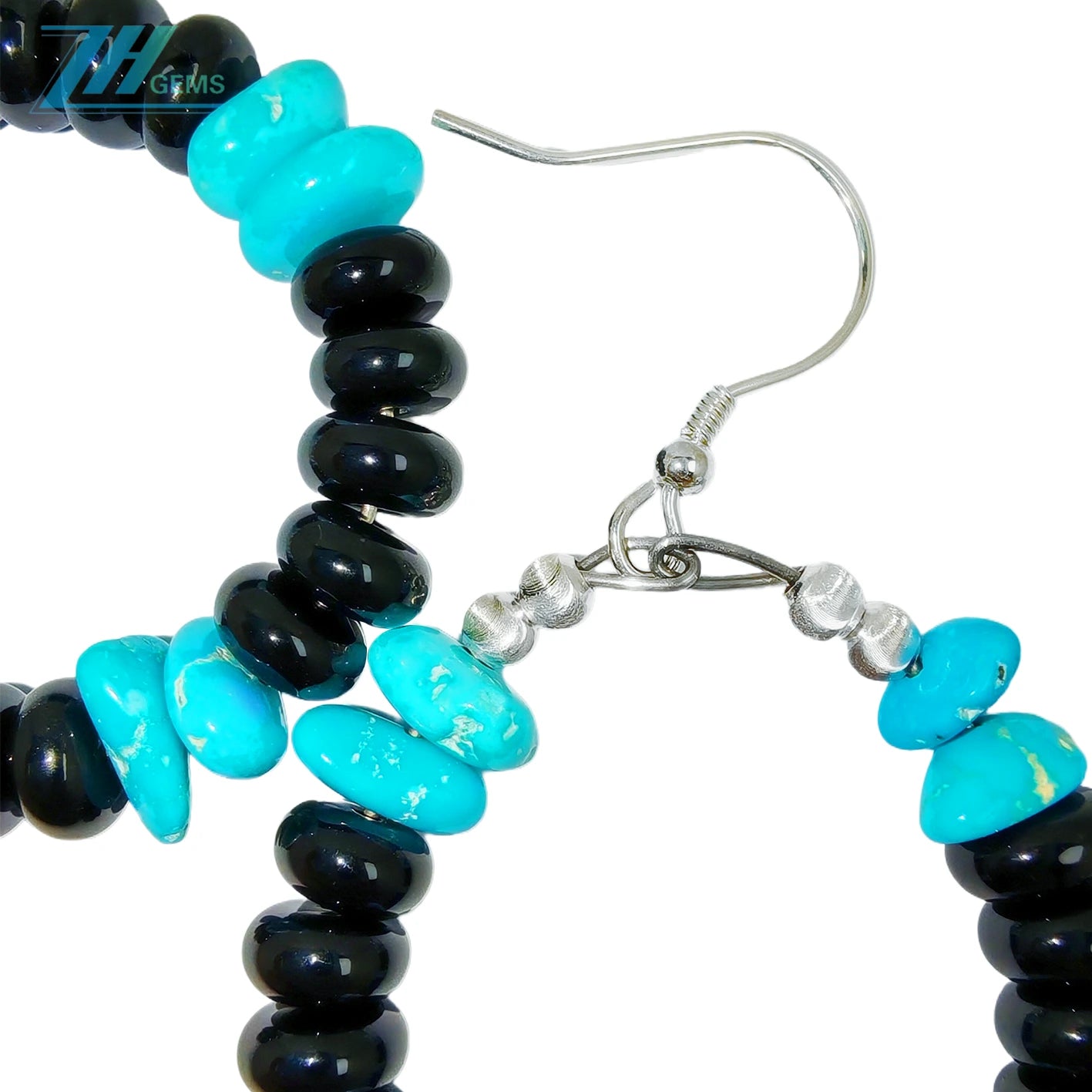 Natural Obsidian and natural Sterling treatment Turquoise form gemstone earrings They are small and delicate adding a mysterious and unique color to the ears
