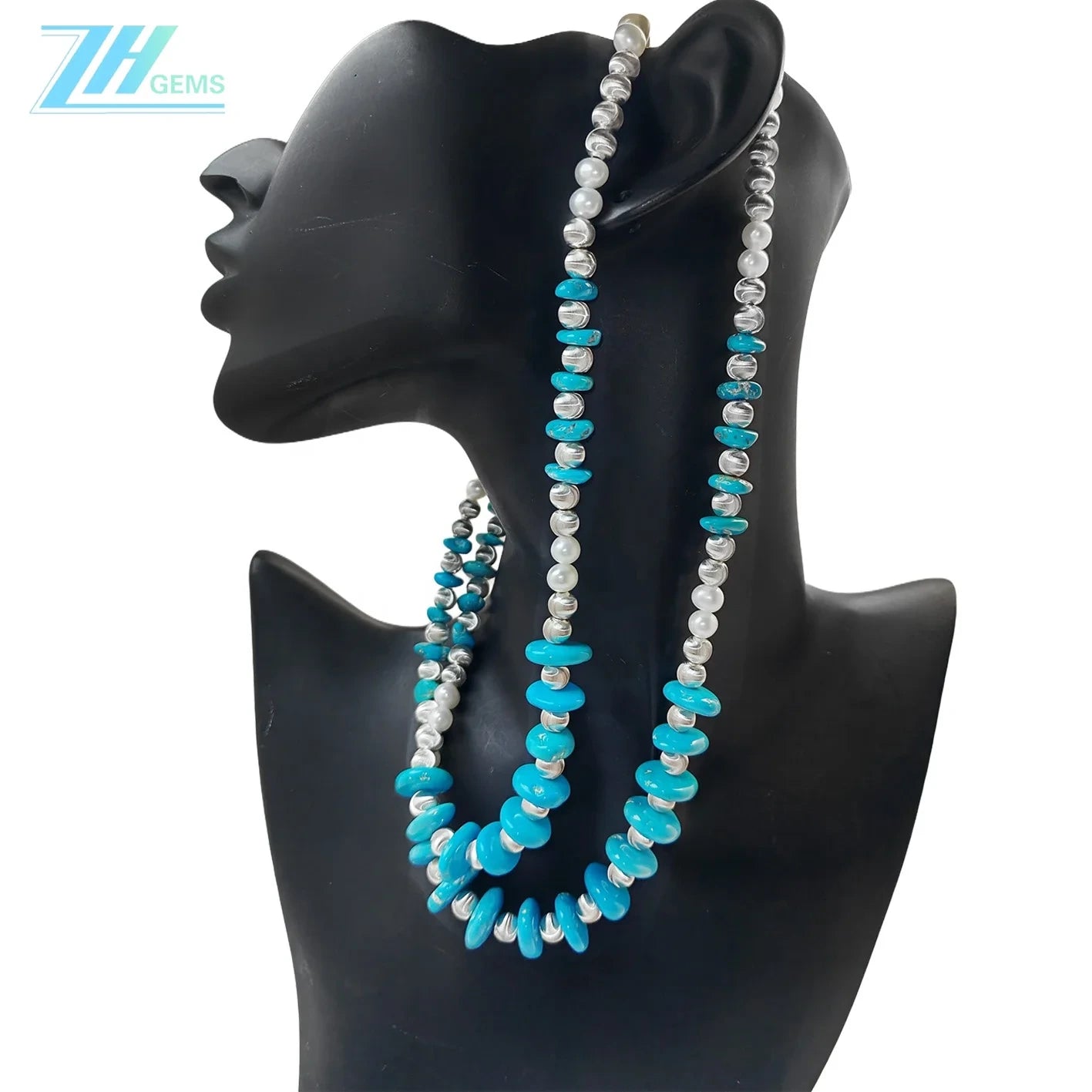 Natural Double Turquoise Necklace Delicate Natural Pearls & Turquoise Beautiful Silver Jewelry Winter Gifts