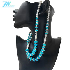 Natural Double Turquoise Necklace Delicate Natural Pearls & Turquoise Beautiful Silver Jewelry Winter Gifts