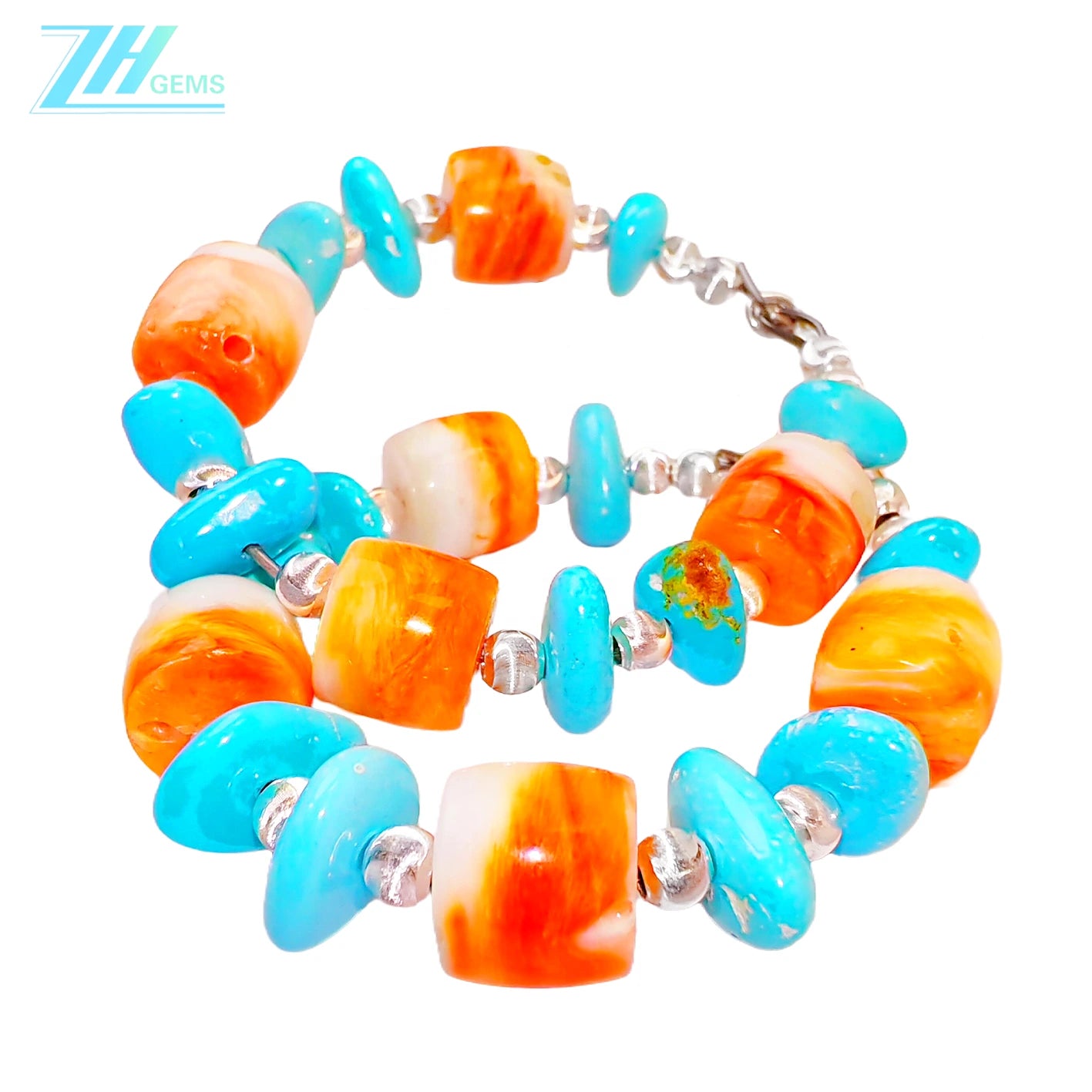 Earrings Are Made Of Natural Sterling Treatment Turquoise And Orange Spiny Oyster Decorated With Threaded Silver Beads