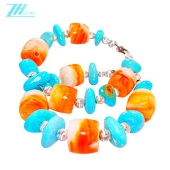 Earrings Are Made Of Natural Sterling Treatment Turquoise And Orange Spiny Oyster Decorated With Threaded Silver Beads