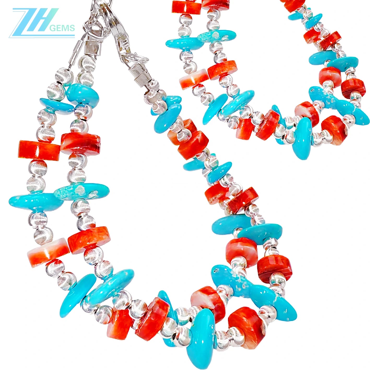 Natural Red Spiny Oyster And Sterling Treatment Turquoise Meet On The Double Layer Bracelet Interweaving A Mysterious
