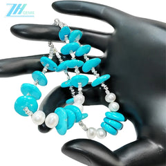 Goddess's Double Layer Natural Turquoise Bracelet For Women Delicate Natural Pearl & Turquoise Beautiful Silver Jewelry