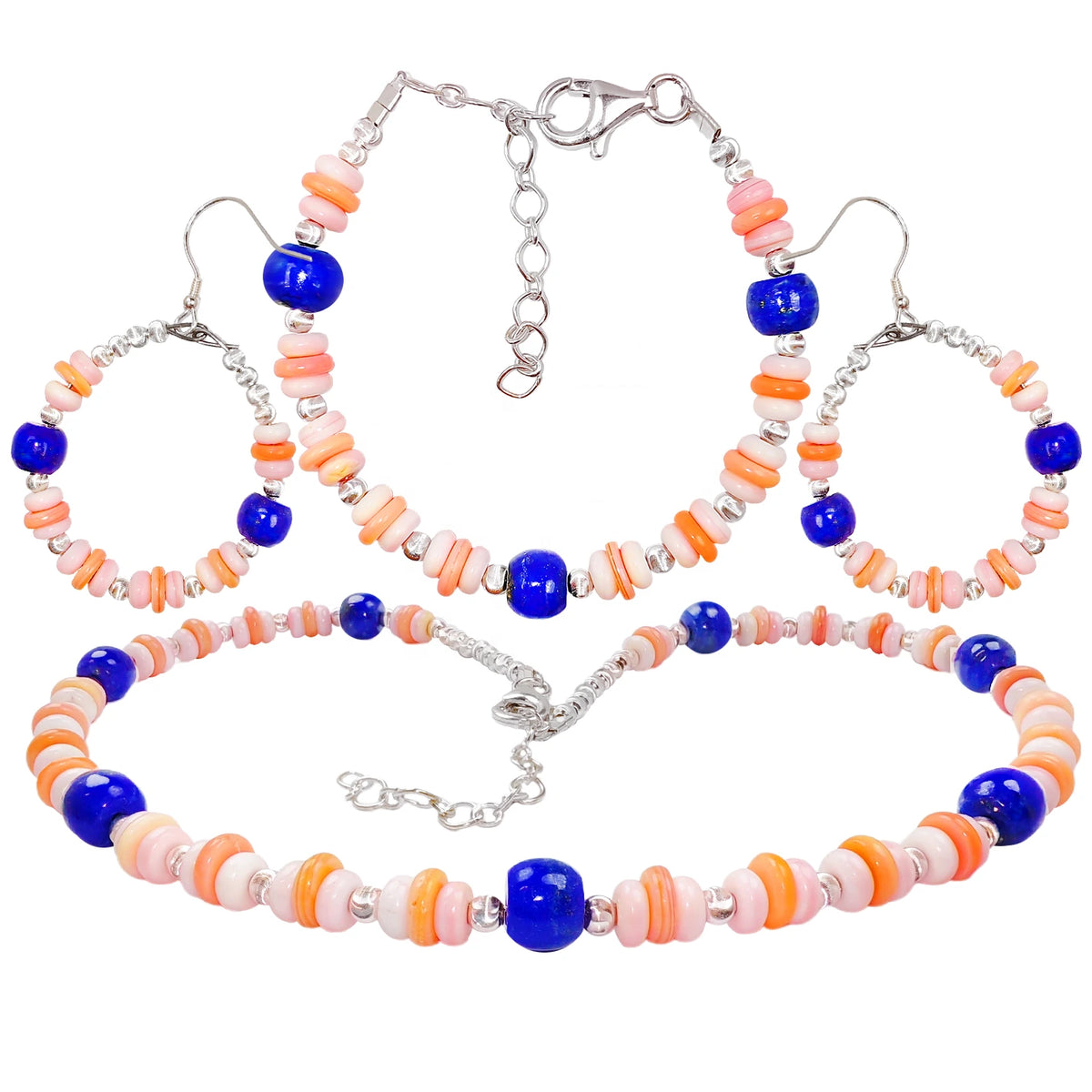 Jewelry Set Pink Opal And Natural Lapis Lazuli Three-piece Set Necklace Earrings Bracelet Beaded Jewelry S925 Silver Classic