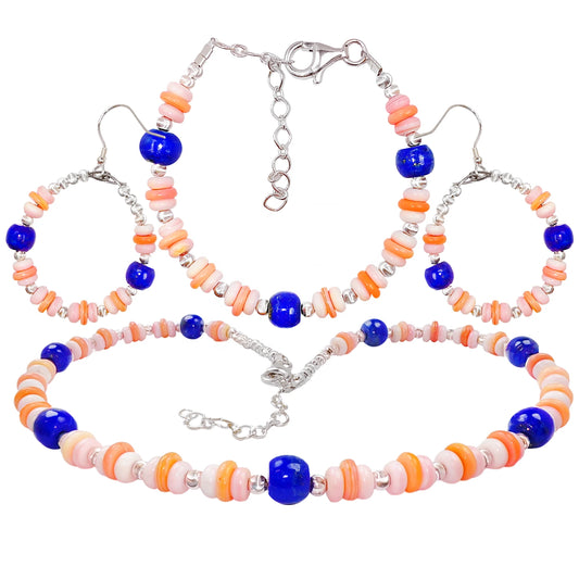 Jewelry Set Pink Opal And Natural Lapis Lazuli Three-piece Set Necklace Earrings Bracelet Beaded Jewelry S925 Silver Classic