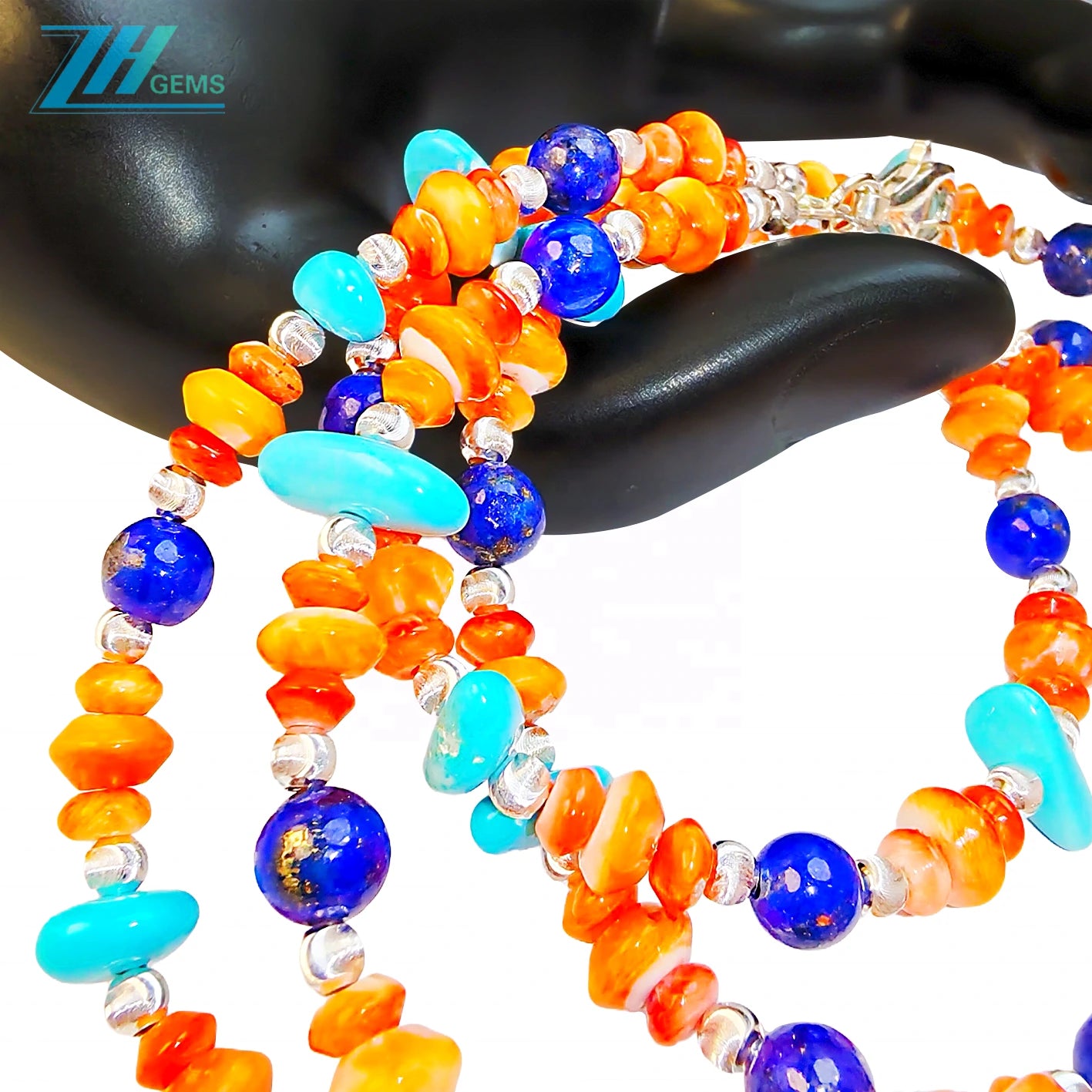 Double Layer Necklace Features Sterling Treatment Turquoise And Lapis Lazuli Strung By S925 Faceted Silver Beads