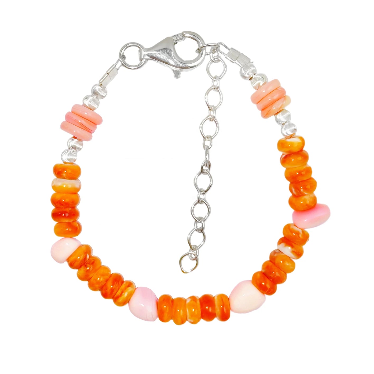 This Exquisite Bracelet Features Unique Orange Spiny Oyster Surrounded By Delicate S925 Silver Beads Shows Elegance