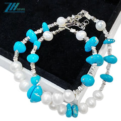 Winter Holiday Gift Double Layer Pearl With Natural Sterling Treatment Turquoise Shape Bracelet S925 Silver