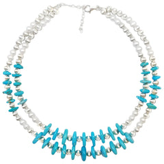 Natural Double Turquoise Necklace Delicate Natural Pearls & Turquoise Beautiful Silver Jewelry Winter Gifts