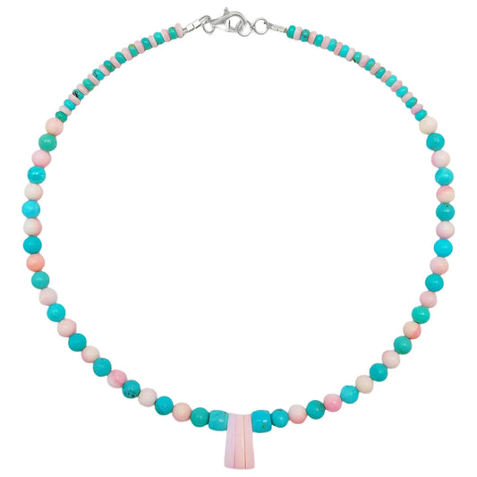 16inch Natural Turquoise And Pink Opal Round Beads Gemstone Necklace Beautiful Jewelry Blue And Pink Color