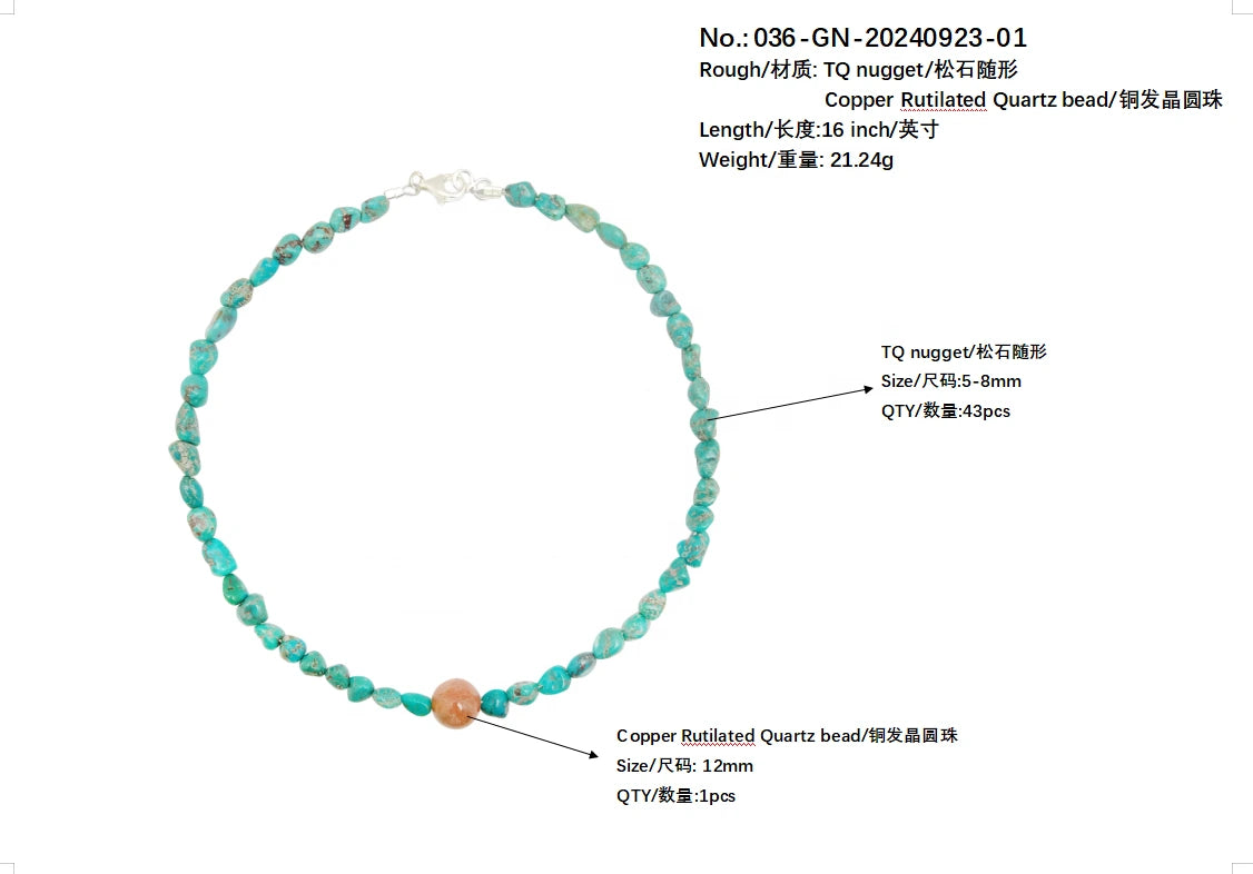 Natural Stablish Free-form Turquoise Natural Copper Rutilated Quartz Crystal Bead Necklace Temperament Female Jewelry Simple