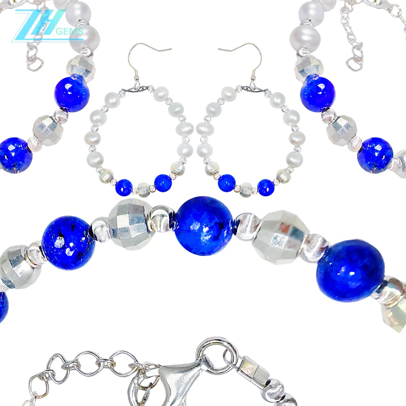 Jewelry Three-piece Set Natural Lapis Lazuli Beads Pearls Perfect Combination Bracelets Necklaces Earring Jewelry Handmade