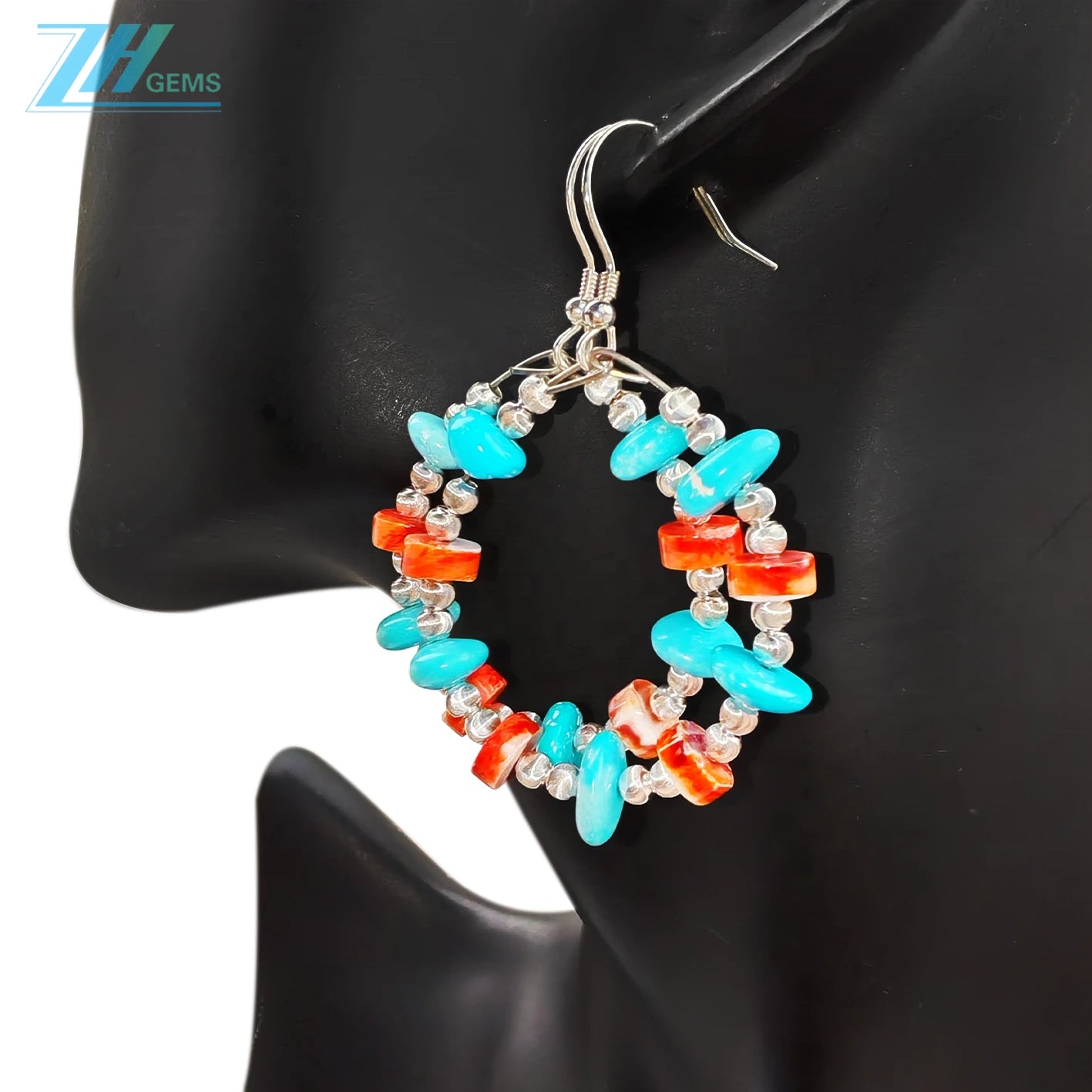Natural Red Spiny Oyster Amber And Natural Turquoise Form Gemstone Earrings They Sway Vividly Adding A Gorgeous