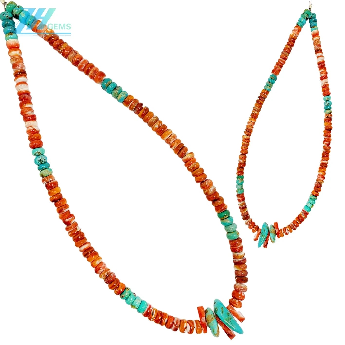 Natural Turquoise Aquamarine Roundle Beads With Milky Orange Spiny Oyster Gemstone Pendant Necklace Full Strand 16inch