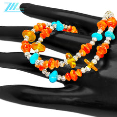 Natural Orange Spiny Oyster Amber And Turquoise Meet On The S925 Silver Double Layer Bracelet Weaving A Unique