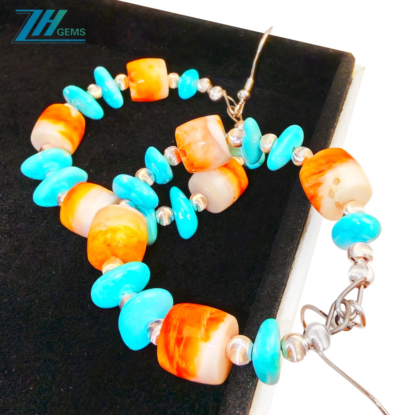Earrings Are Made Of Natural Sterling Treatment Turquoise And Orange Spiny Oyster Decorated With Threaded Silver Beads