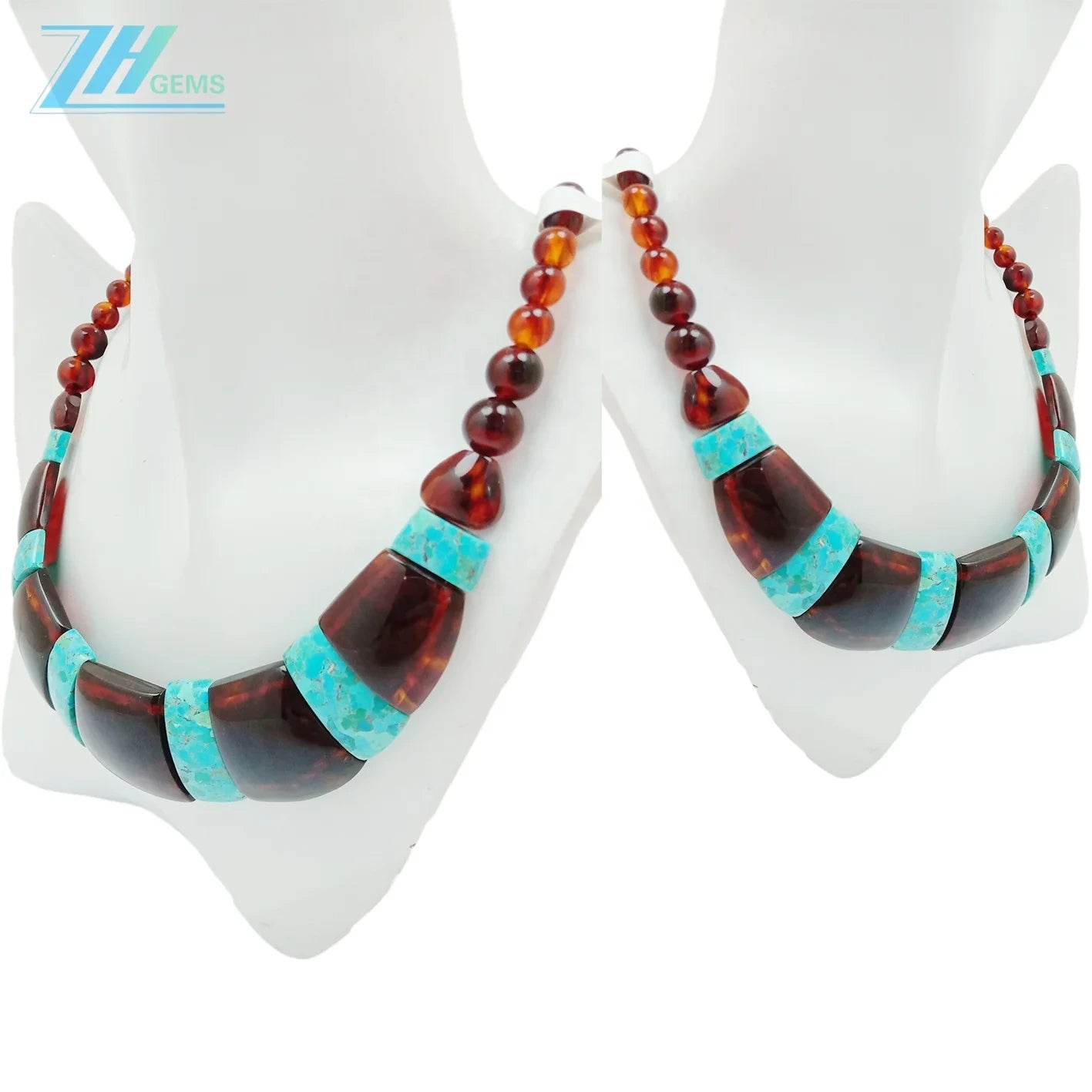 Amber Inset Natural Turquoise Big Necklace 33.3gram 16inch Red Amber Jewelry Many Gemstone Combination For Her