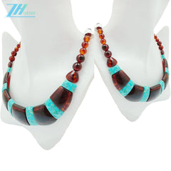 Amber Inset Natural Turquoise Big Necklace 33.3gram 16inch Red Amber Jewelry Many Gemstone Combination For Her