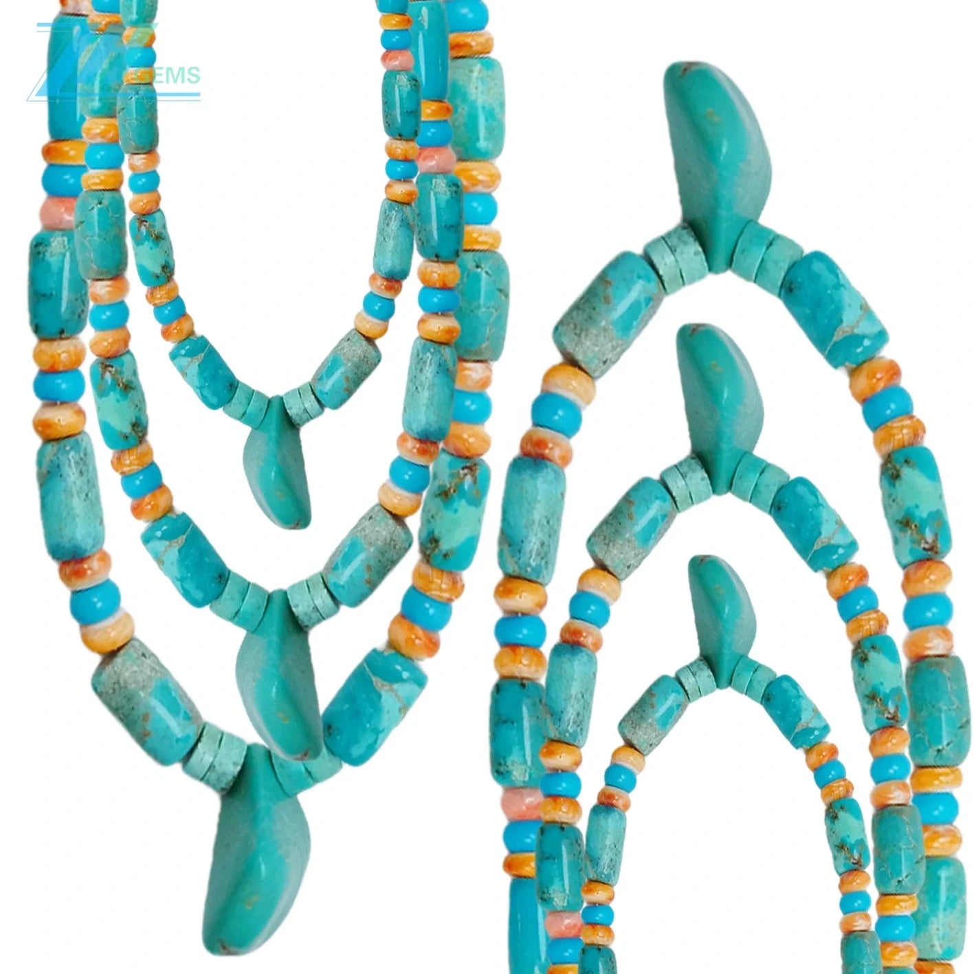 Natural Turquoise And Orange Spiny Oyster Blue Color With Orange Free-shape Barrel And Roundle Deads Necklace As Gift