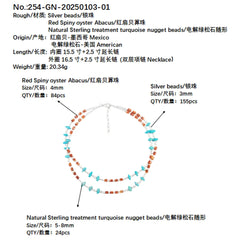 Natural Red Spiny Oyster & Turquoise Premium Women's Double Necklace With Delicate S925 Silver & Natural