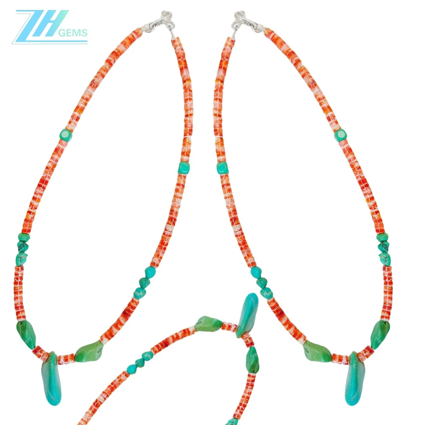 Spiny Oyster And Natural Turquoise Delicate Necklace Main Color Orange With Green Beautiful Gemstone Roundle Square Beads Summer