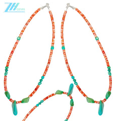 Spiny Oyster And Natural Turquoise Delicate Necklace Main Color Orange With Green Beautiful Gemstone Roundle Square Beads Summer