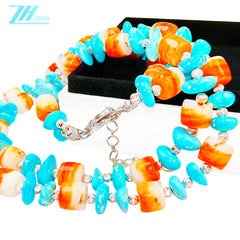 The Double Layer Design Combines Natural Sterling Treatment Turquoise With S925 Silver Beads With Orange Spiny Oyster Dotted