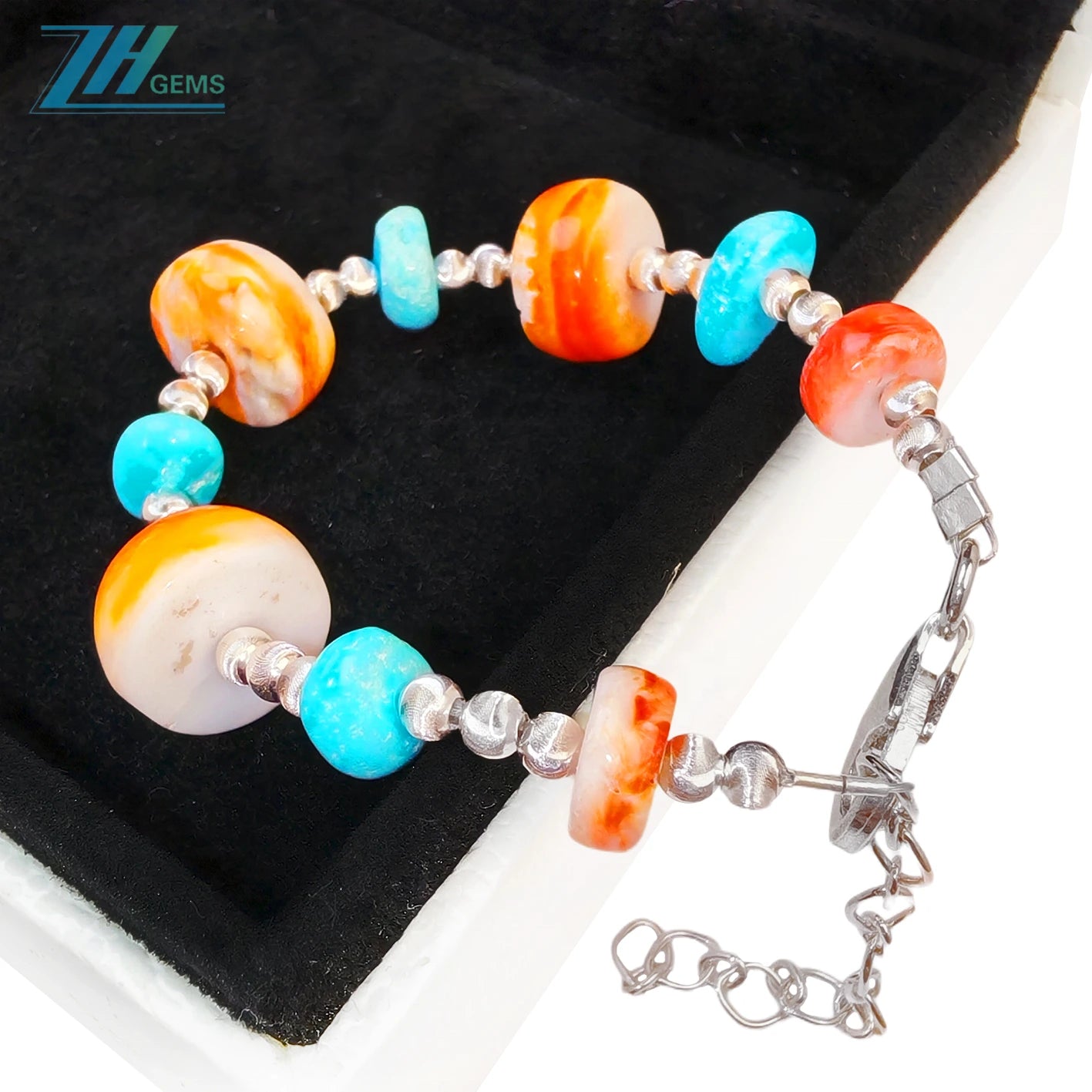 Made Of S925 Silver And Natural Sterling Treatment Turquoise This Bracelet Is Paired With Orange Spiny Oyster