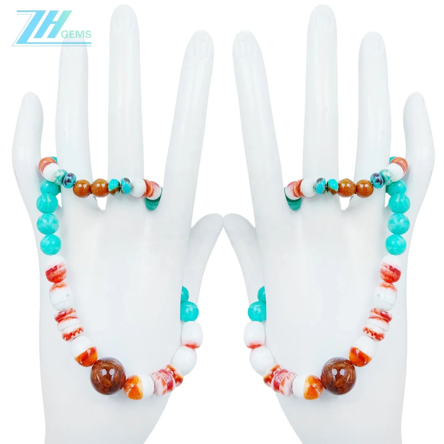 37.7g Natural Turquoise Amazonite Spiny Oyster Color Green Orange Shape Round Barrel Gemstone Necklace Beautiful Jewelry