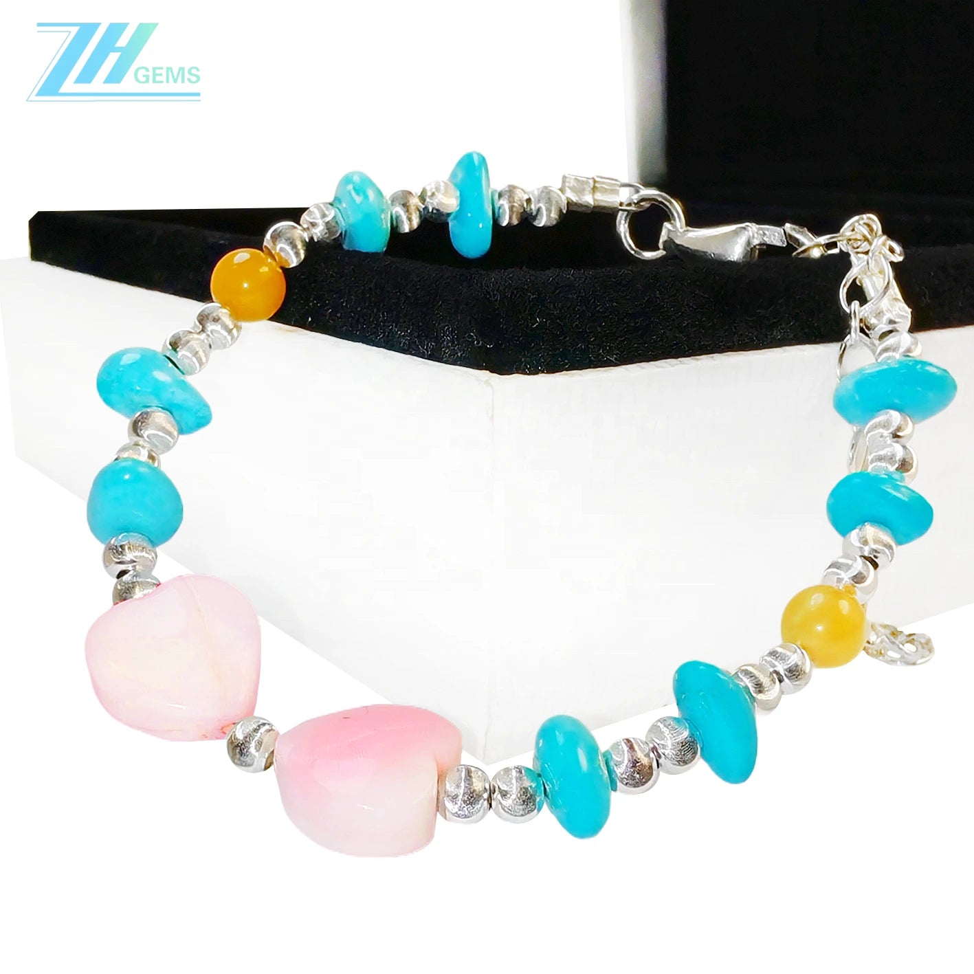 Made Of S925 Silver And Natural Turquoise This Bracelet Is Decorated With A Pink Opal Heart Shaped Pendant It's Delicate