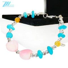 Made Of S925 Silver And Natural Turquoise This Bracelet Is Decorated With A Pink Opal Heart Shaped Pendant It's Delicate