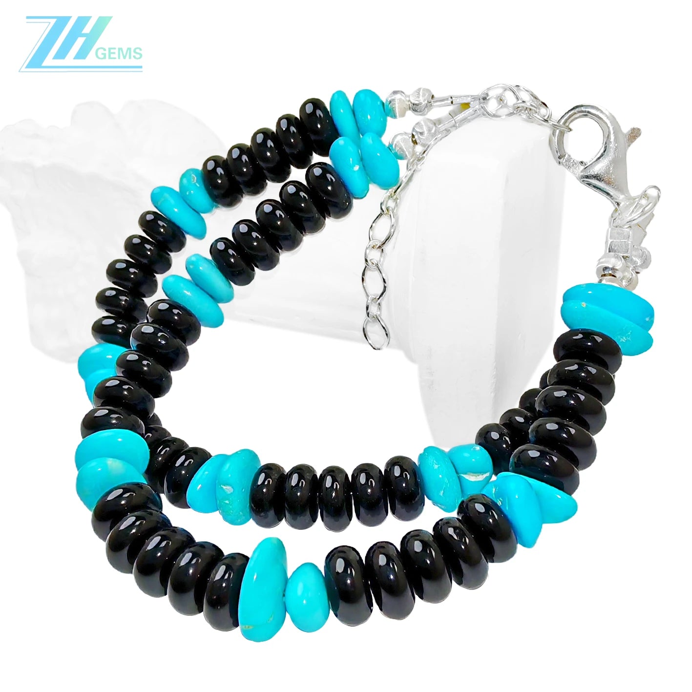 Natural Obsidian Abacus Shaped Beads And Sterling Treatment Turquoise Meet On The Double Layer Bracelet Creating Wrist Styl