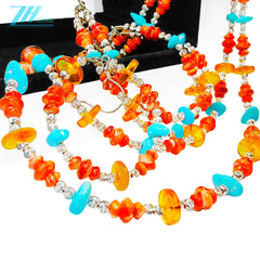 Sterling Treatment Turquoise And Orange Spiny Oyster Are Strung Into A Set By S925 Silver