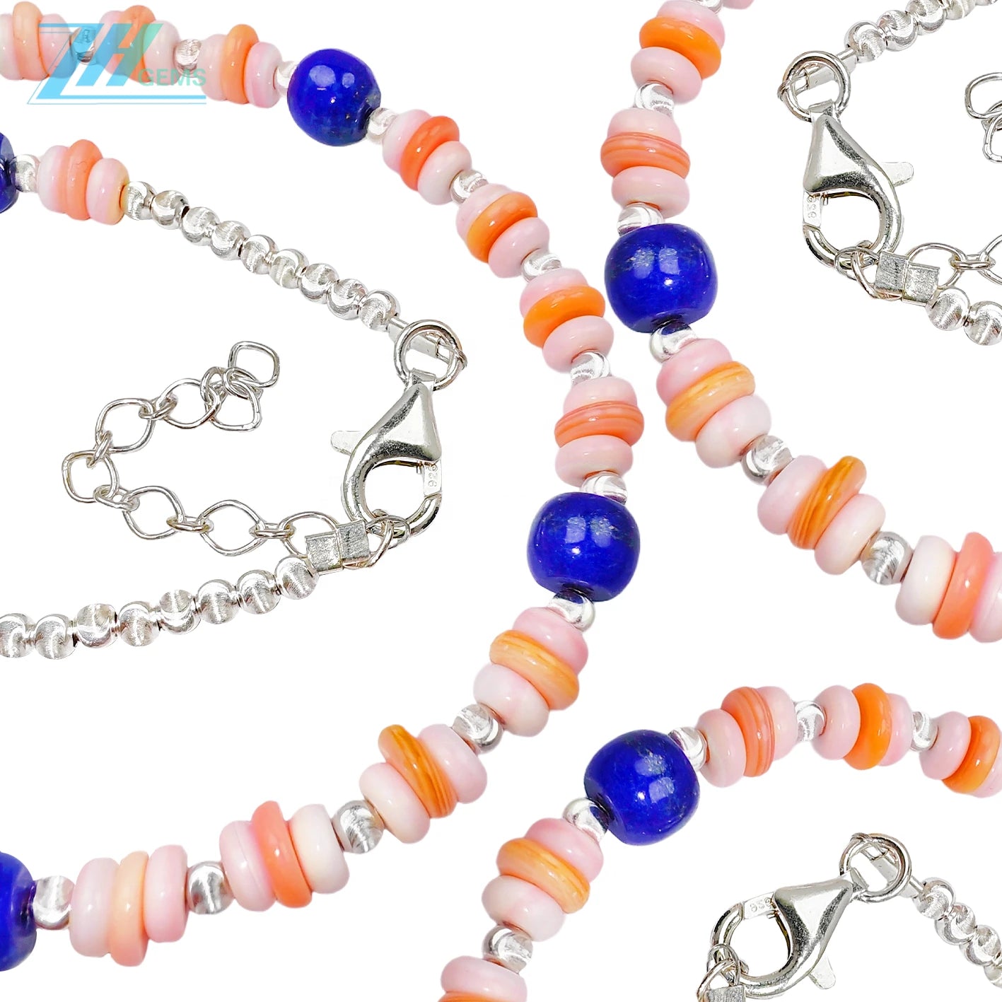 Naturalpink Opal Natural High Quality Lapis Lazuli Beaded Necklace Powder Blue Classic Color S925 Silver Classic