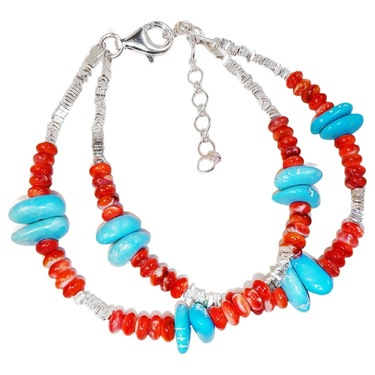 Beautiful Natural Winter Turquoise Women's Bracelet Natural Rare Red Spiny Oyster & Turquoise Beautiful Silver
