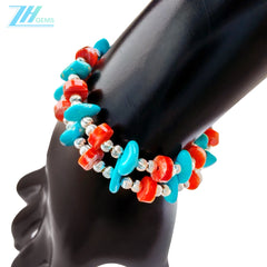 Natural Red Spiny Oyster And Sterling Treatment Turquoise Meet On The Double Layer Bracelet Interweaving A Mysterious