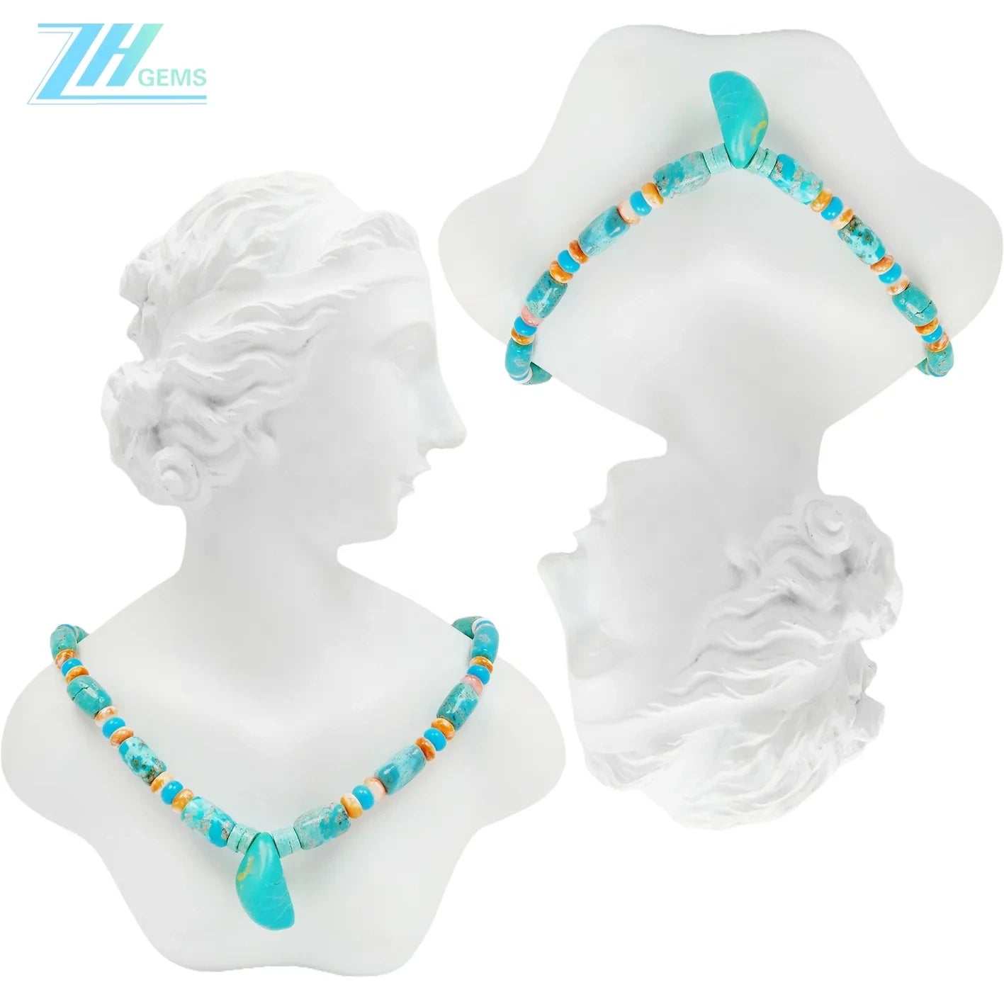 Natural Turquoise And Orange Spiny Oyster Blue Color With Orange Free-shape Barrel And Roundle Deads Necklace As Gift