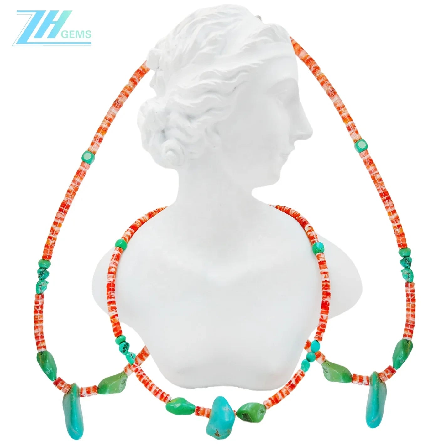 Spiny Oyster And Natural Turquoise Delicate Necklace Main Color Orange With Green Beautiful Gemstone Roundle Square Beads Summer
