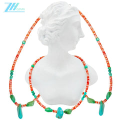 Spiny Oyster And Natural Turquoise Delicate Necklace Main Color Orange With Green Beautiful Gemstone Roundle Square Beads Summer