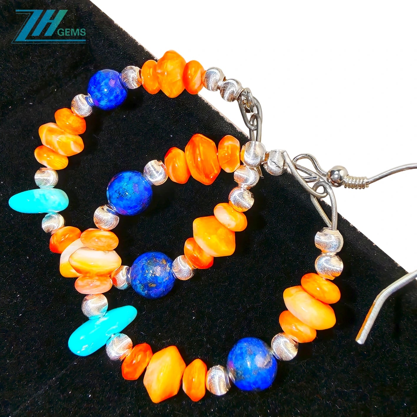 Earrings Are Composed Of Turquoise Lapis Lazuli And Orange Spiny Oyster Paired With Faceted Silver Beads The Delicate