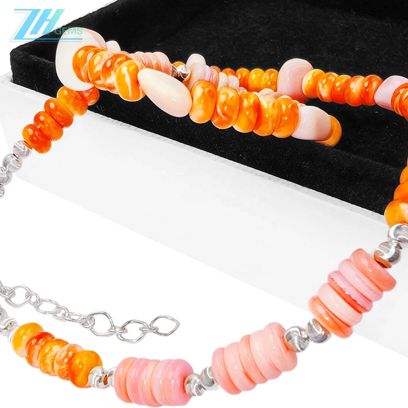 This Stunning Necklace Strings Bright Orange Spiny Oyster With S925 Silver Beads Creating Rich Layers And Easily Lighting Up