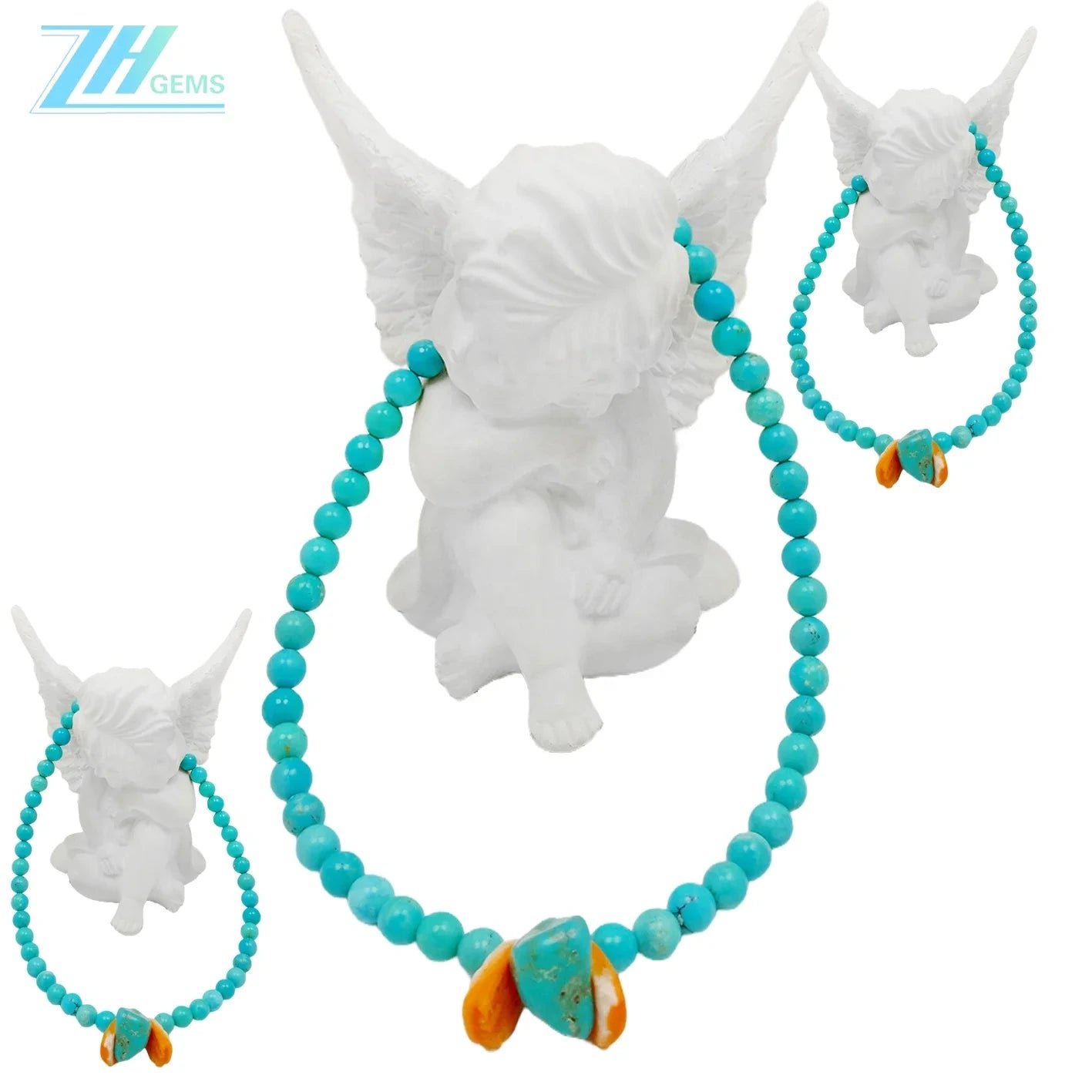 Natural Turquoise And Orange Spiny Osyter Beads 16inch Round Beads Free-shape Gemstone Necklace Blue As Atmosphere Gift For