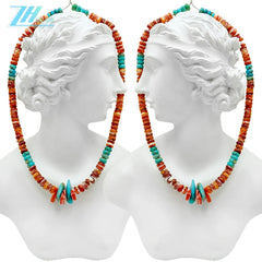 Natural Turquoise Aquamarine Roundle Beads With Milky Orange Spiny Oyster Gemstone Pendant Necklace Full Strand 16inch