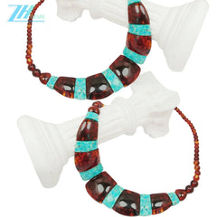 Amber Inset Natural Turquoise Big Necklace 33.3gram 16inch Red Amber Jewelry Many Gemstone Combination For Her